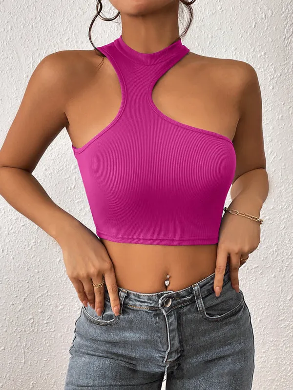 Lindy Women's Knitted Round Neck Cropped Asymmetrical Crop Tank Top