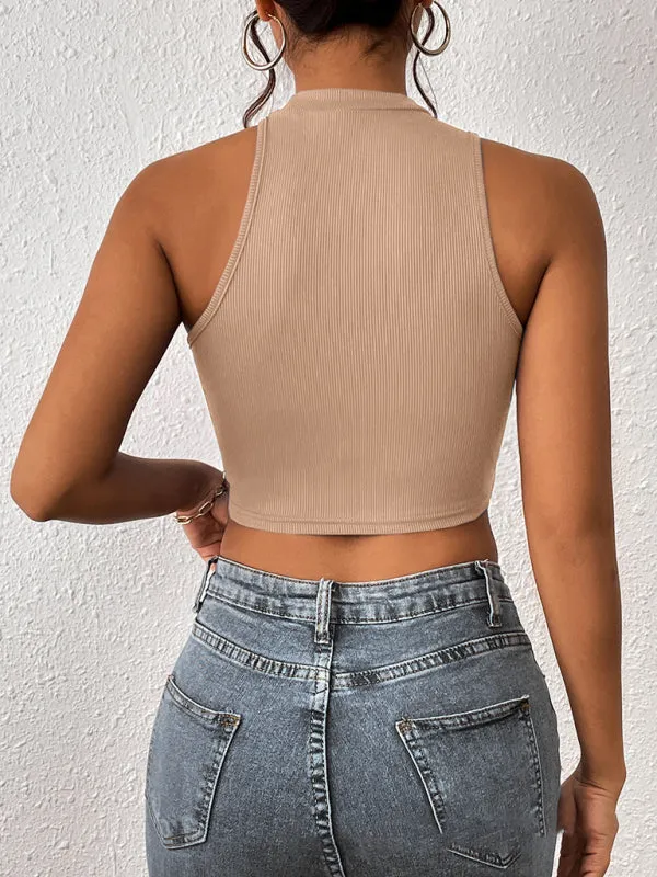 Lindy Women's Knitted Round Neck Cropped Asymmetrical Crop Tank Top