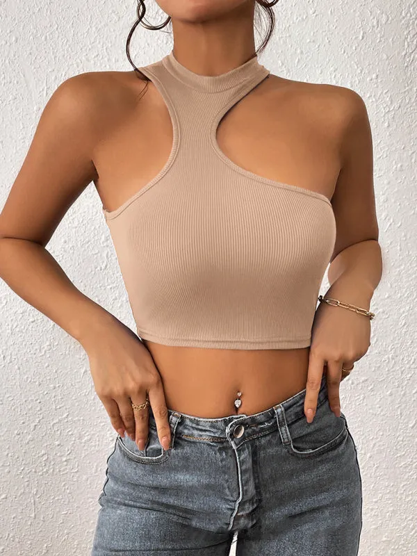 Lindy Women's Knitted Round Neck Cropped Asymmetrical Crop Tank Top