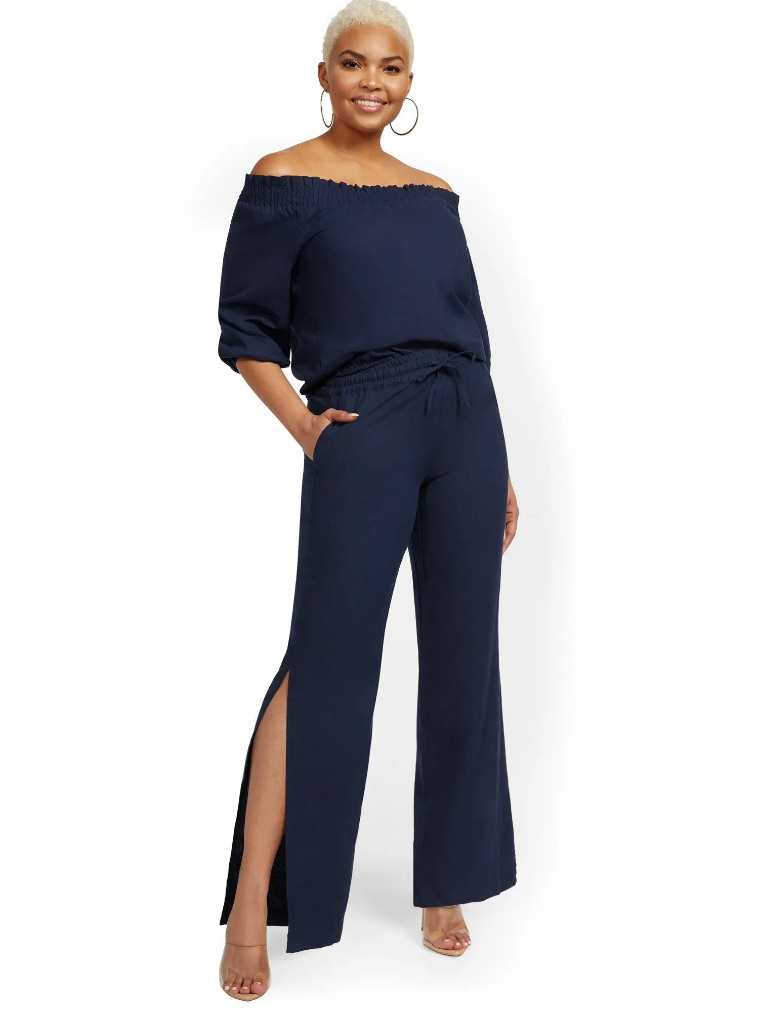 Linen-Blend High-Waisted Wide-Leg Slit-Hem Pant