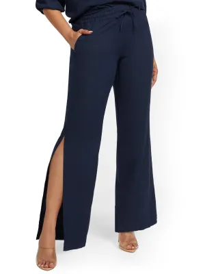 Linen-Blend High-Waisted Wide-Leg Slit-Hem Pant
