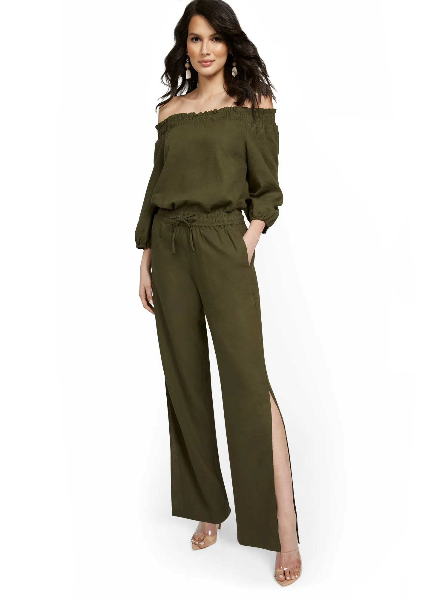 Linen-Blend High-Waisted Wide-Leg Slit-Hem Pant