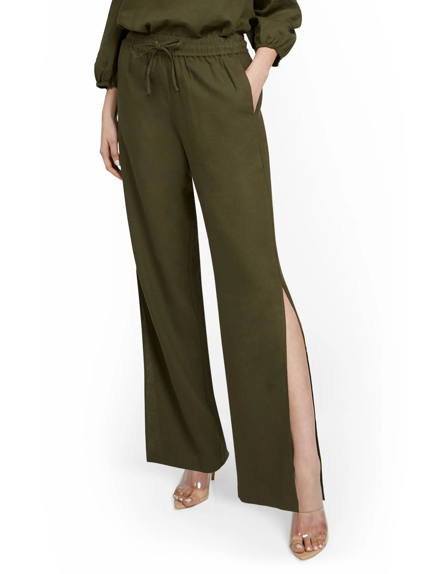 Linen-Blend High-Waisted Wide-Leg Slit-Hem Pant