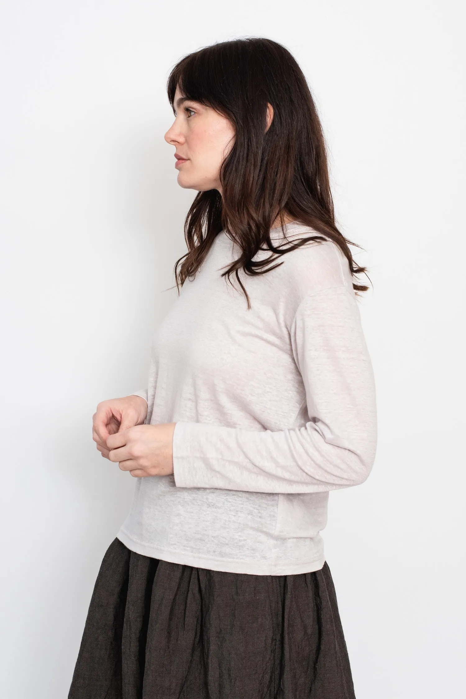 Linen Long Sleeve T Shirt, Grey-Pink