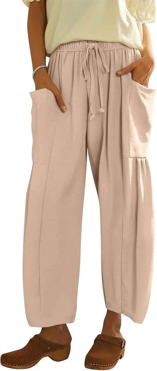Linen Pants for Women Casual Summer Drawstring High Waisted Wide Leg Pants Loose Fit Multi-Pocket Solid Trousers Baggy