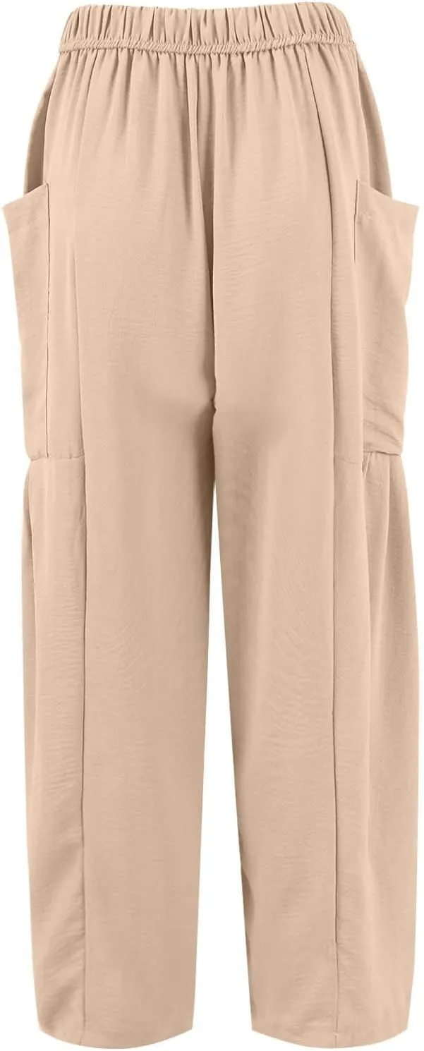 Linen Pants for Women Casual Summer Drawstring High Waisted Wide Leg Pants Loose Fit Multi-Pocket Solid Trousers Baggy