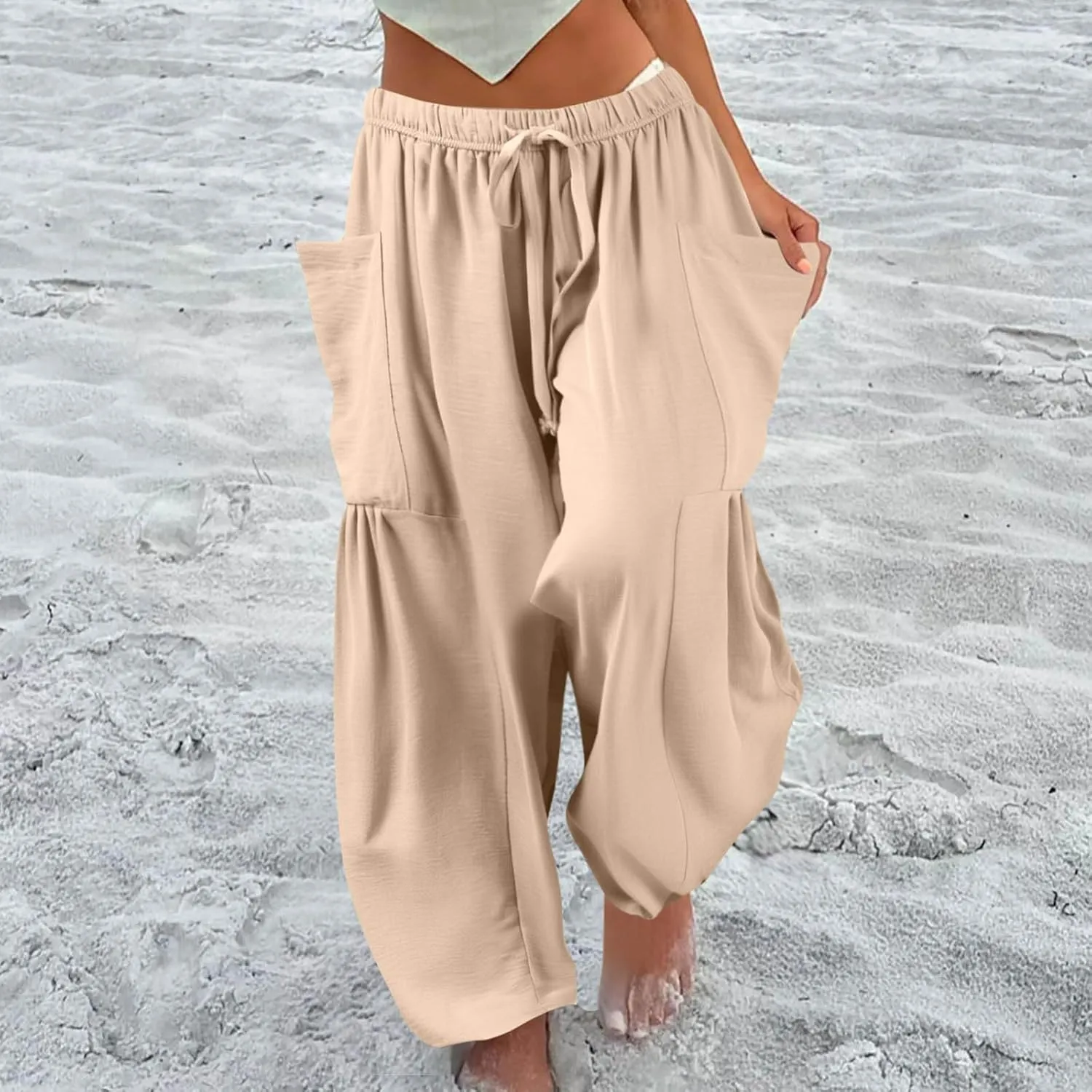 Linen Pants for Women Casual Summer Drawstring High Waisted Wide Leg Pants Loose Fit Multi-Pocket Solid Trousers Baggy