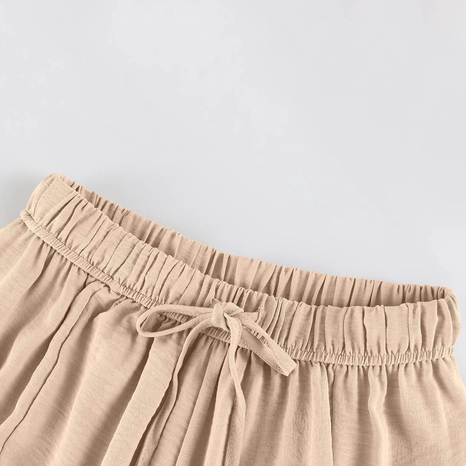 Linen Pants for Women Casual Summer Drawstring High Waisted Wide Leg Pants Loose Fit Multi-Pocket Solid Trousers Baggy