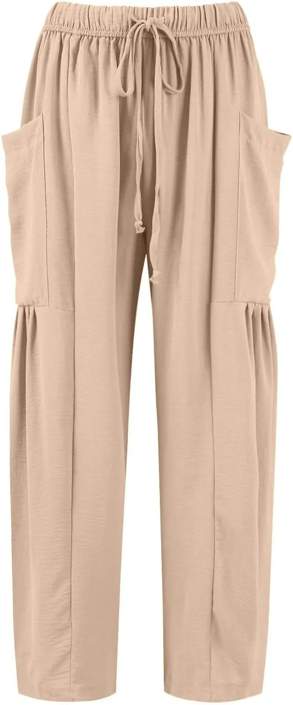 Linen Pants for Women Casual Summer Drawstring High Waisted Wide Leg Pants Loose Fit Multi-Pocket Solid Trousers Baggy
