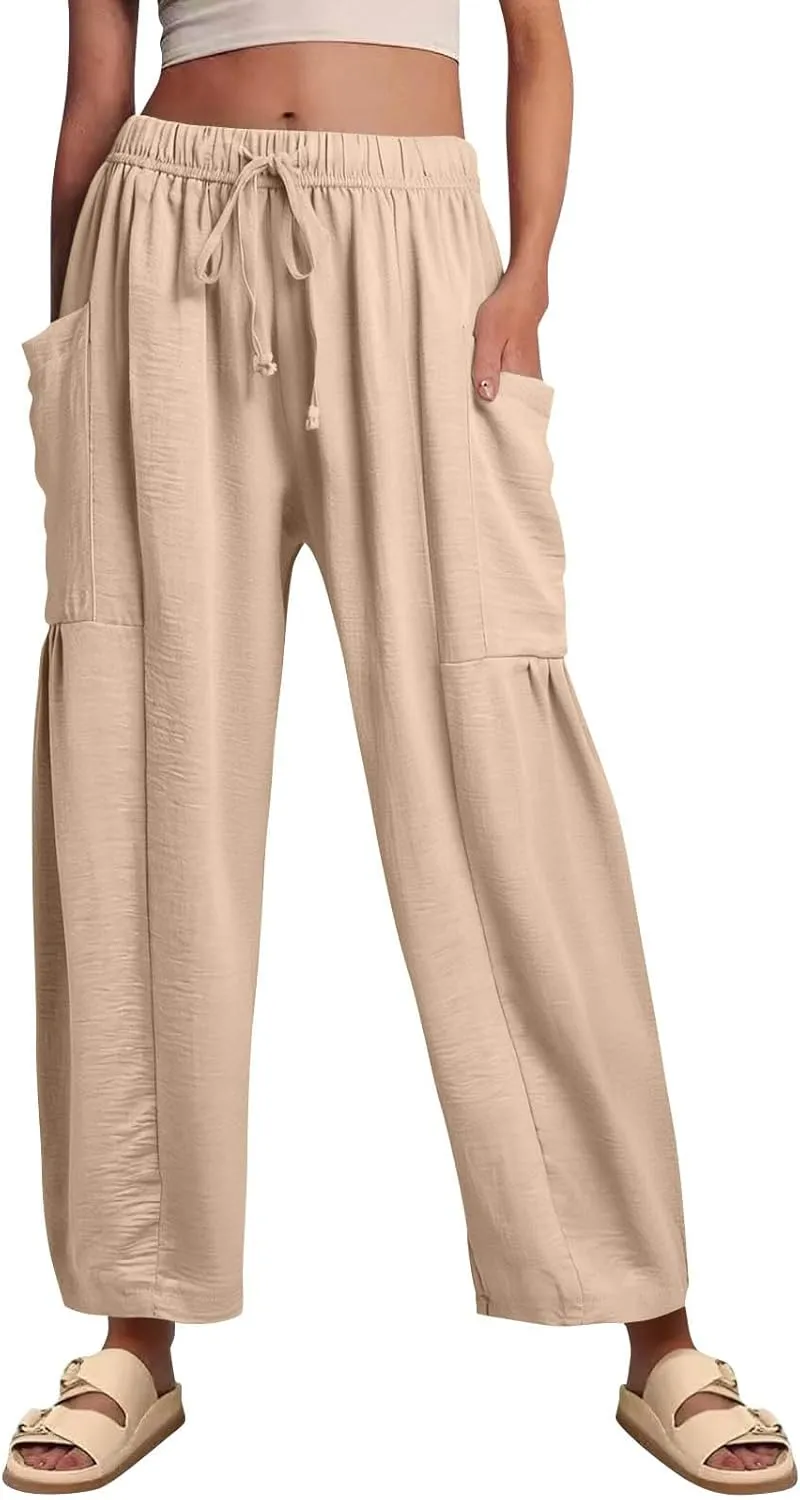Linen Pants for Women Casual Summer Drawstring High Waisted Wide Leg Pants Loose Fit Multi-Pocket Solid Trousers Baggy