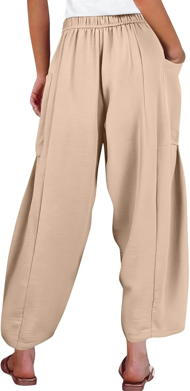 Linen Pants for Women Casual Summer Drawstring High Waisted Wide Leg Pants Loose Fit Multi-Pocket Solid Trousers Baggy
