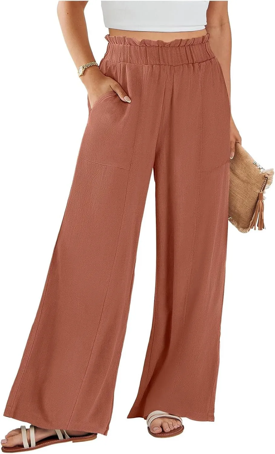 Linen Pants for Women Trendy Casual Trousers with Pockets Wide Leg Beach Palazzo Pants Ruffle High Waist Slacks