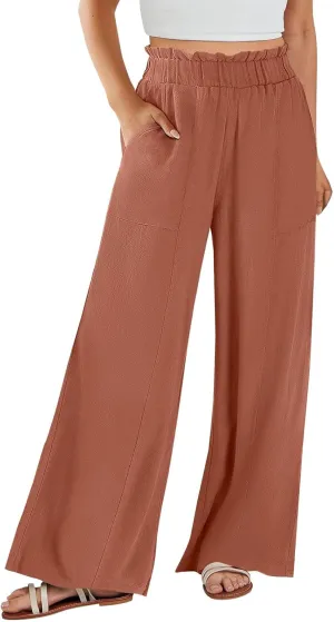 Linen Pants for Women Trendy Casual Trousers with Pockets Wide Leg Beach Palazzo Pants Ruffle High Waist Slacks
