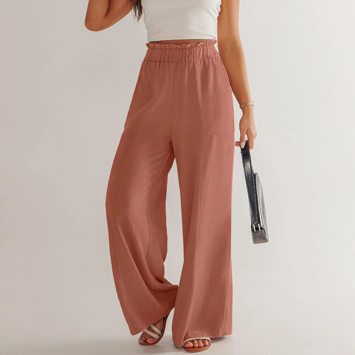 Linen Pants for Women Trendy Casual Trousers with Pockets Wide Leg Beach Palazzo Pants Ruffle High Waist Slacks