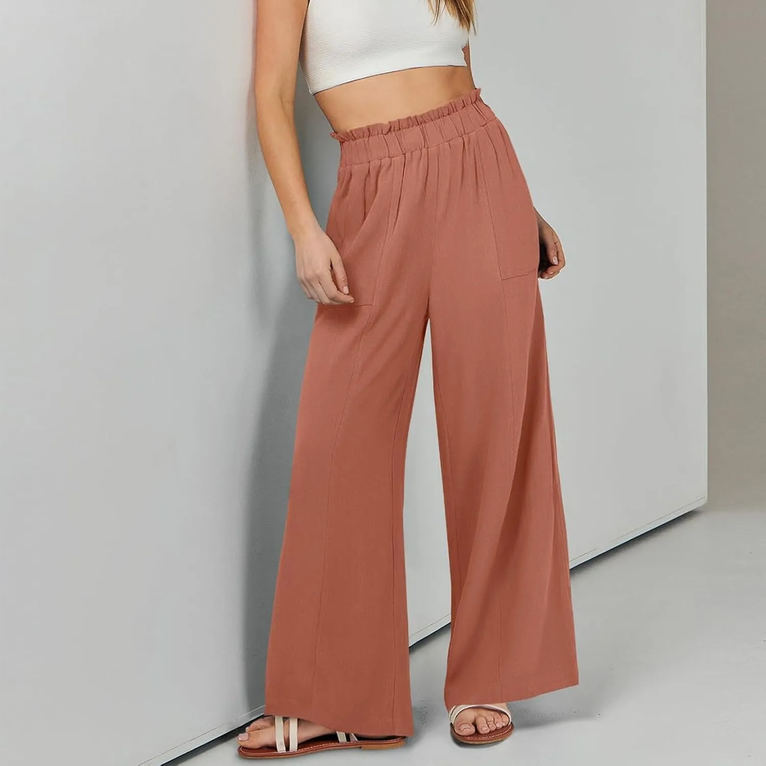 Linen Pants for Women Trendy Casual Trousers with Pockets Wide Leg Beach Palazzo Pants Ruffle High Waist Slacks