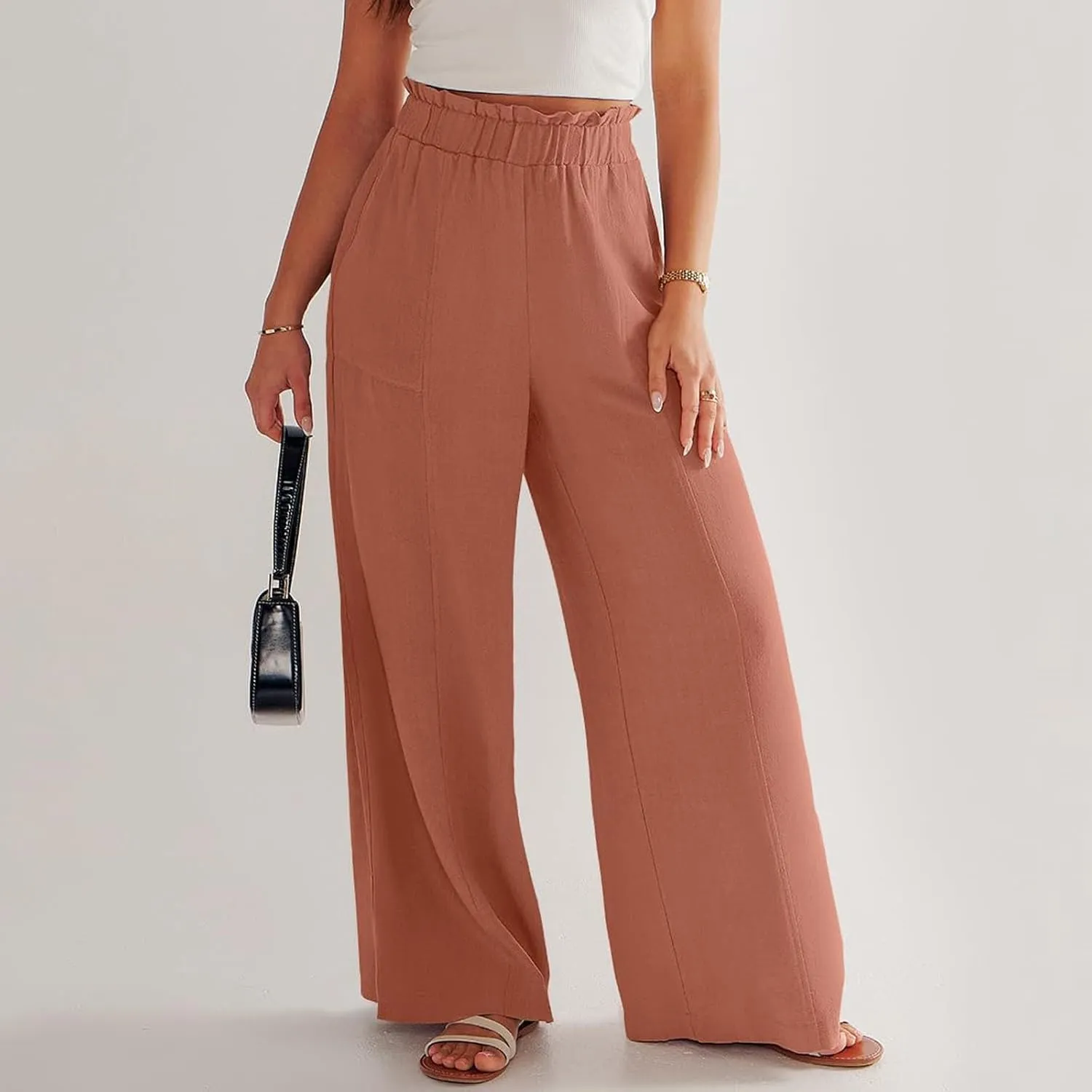 Linen Pants for Women Trendy Casual Trousers with Pockets Wide Leg Beach Palazzo Pants Ruffle High Waist Slacks