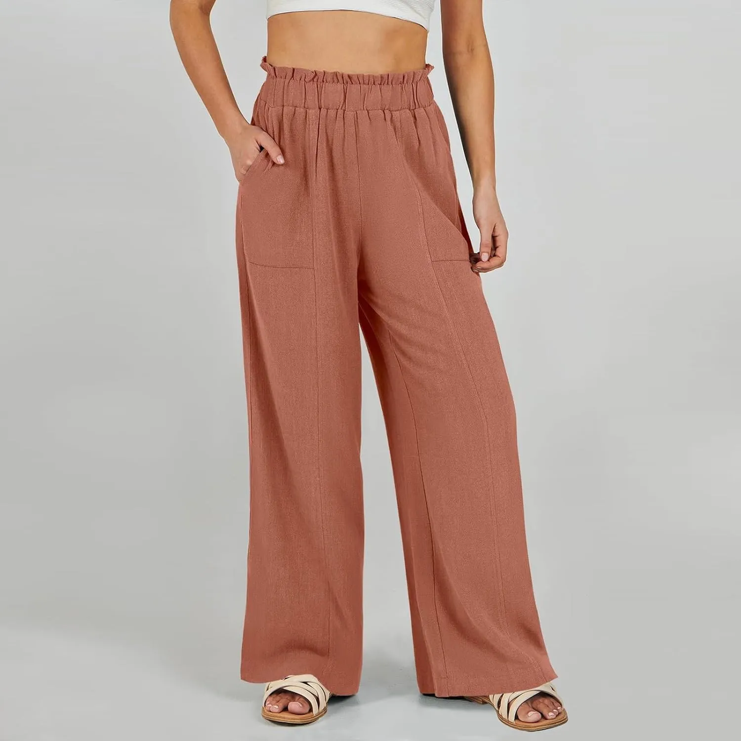 Linen Pants for Women Trendy Casual Trousers with Pockets Wide Leg Beach Palazzo Pants Ruffle High Waist Slacks