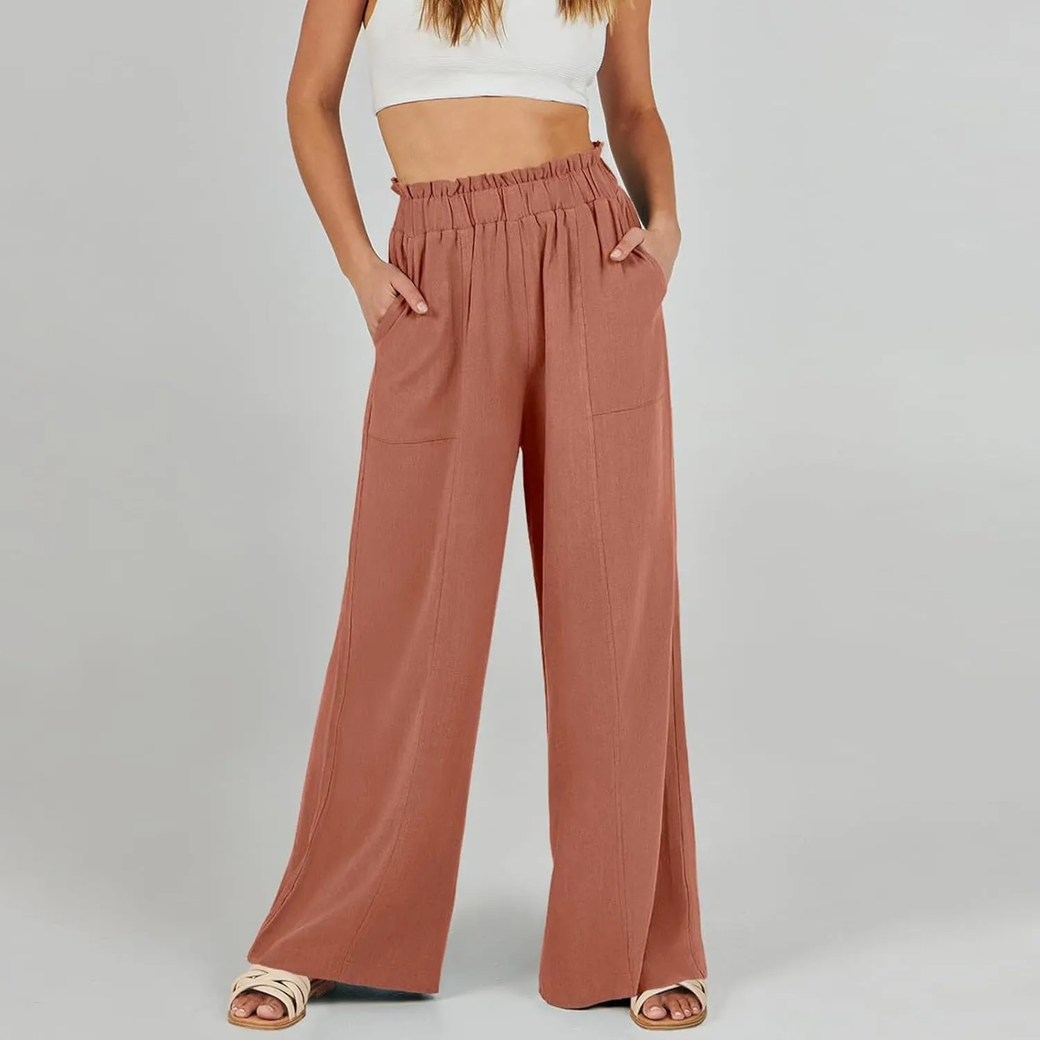 Linen Pants for Women Trendy Casual Trousers with Pockets Wide Leg Beach Palazzo Pants Ruffle High Waist Slacks