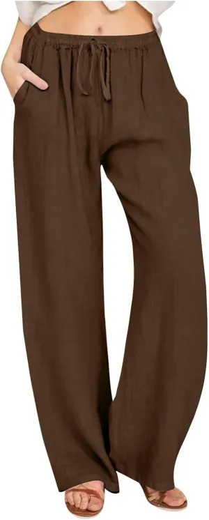 Linen Summer Pants Women 2025 Trendy Casual High Waist Drawstring Loose Trousers Lightweight Long Palazzo Gauze Slacks