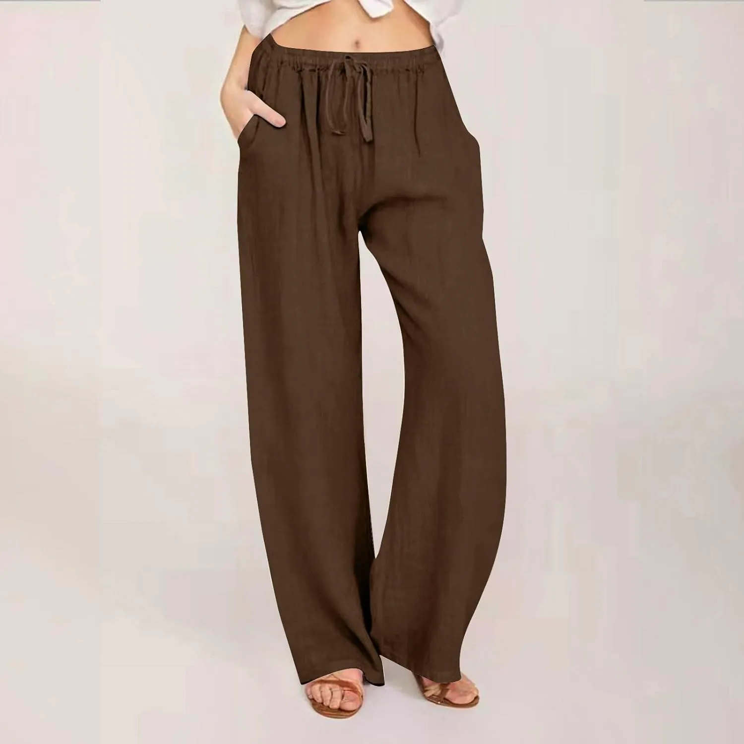 Linen Summer Pants Women 2025 Trendy Casual High Waist Drawstring Loose Trousers Lightweight Long Palazzo Gauze Slacks