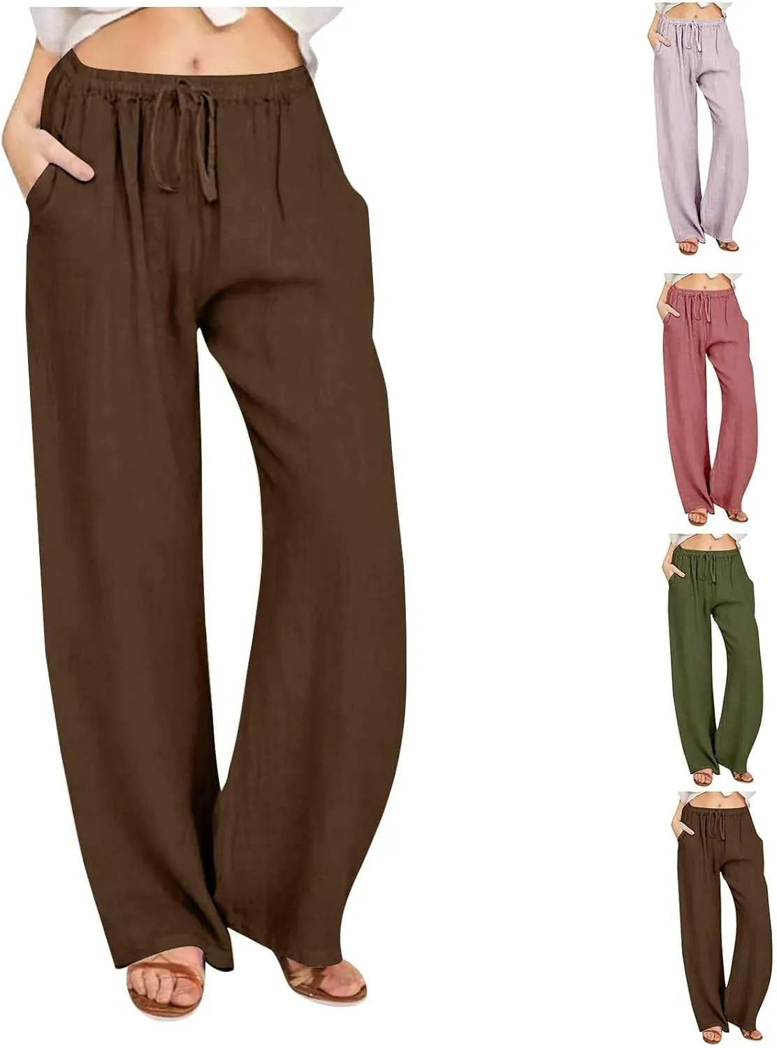 Linen Summer Pants Women 2025 Trendy Casual High Waist Drawstring Loose Trousers Lightweight Long Palazzo Gauze Slacks