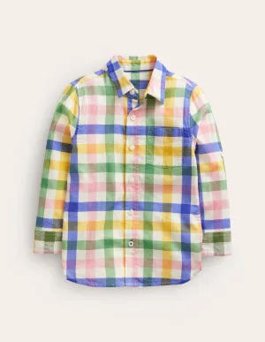 Long Sleeve Cotton Linen Shirt-Green / Pink Gingham