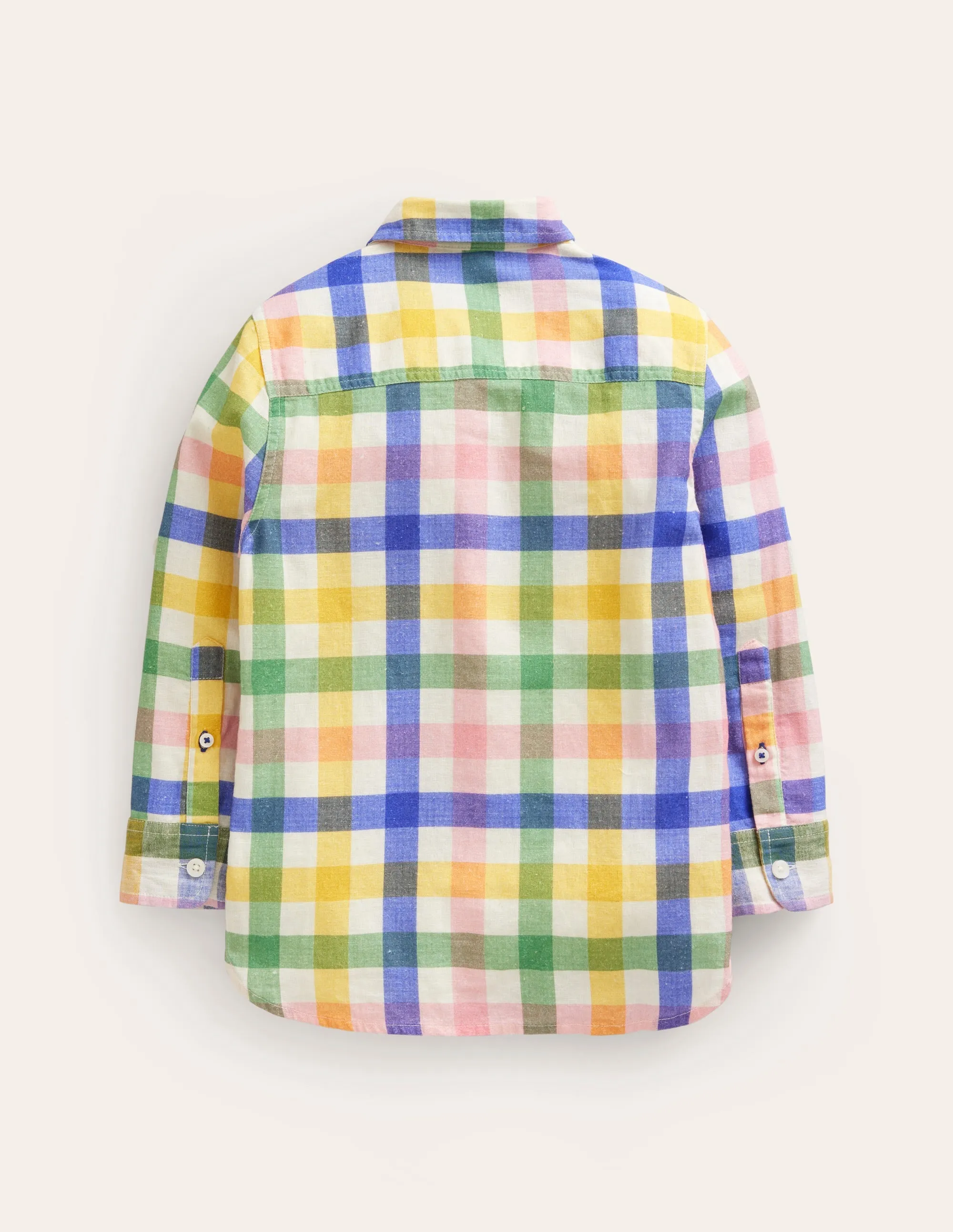 Long Sleeve Cotton Linen Shirt-Green / Pink Gingham