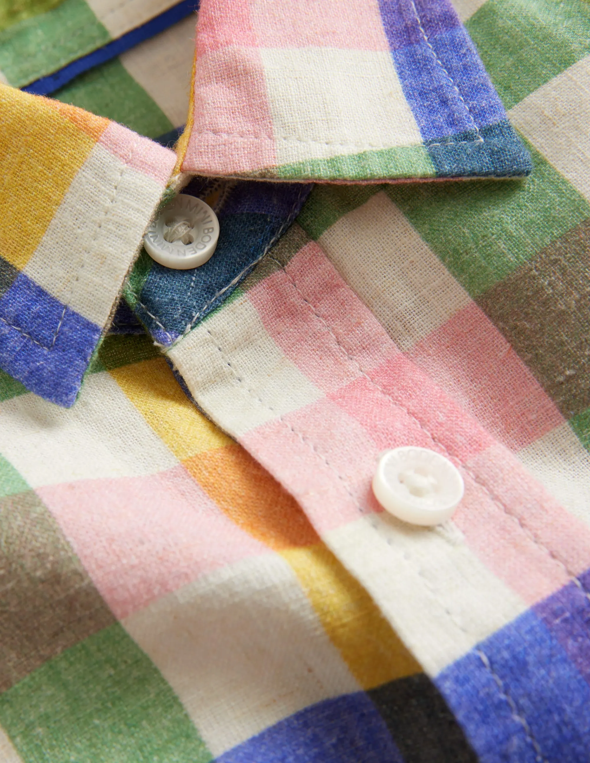 Long Sleeve Cotton Linen Shirt-Green / Pink Gingham