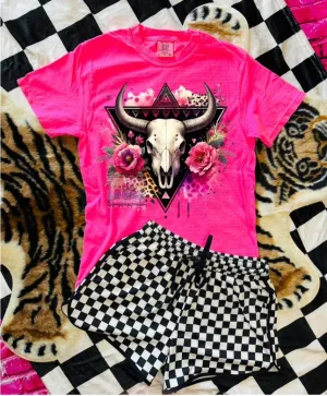 Longhorn floral bull skull with pink roses comfort colors graphic tee // checkered shorts available separately