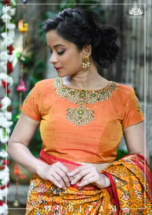 Made to Measure:  Necklace Design Jadau Ornamental  Blouse in Orange Mustard Dual Tone Pure Raw Silk