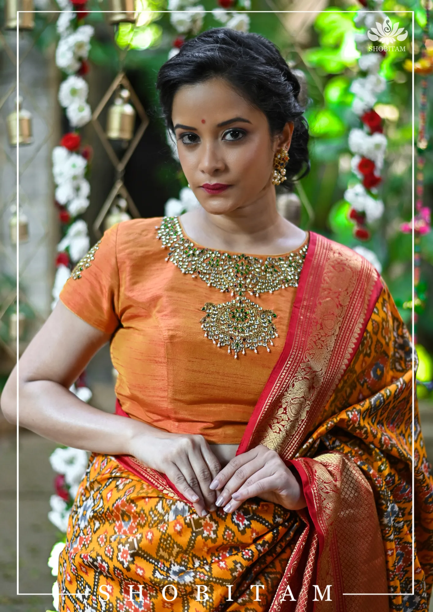 Made to Measure:  Necklace Design Jadau Ornamental  Blouse in Orange Mustard Dual Tone Pure Raw Silk