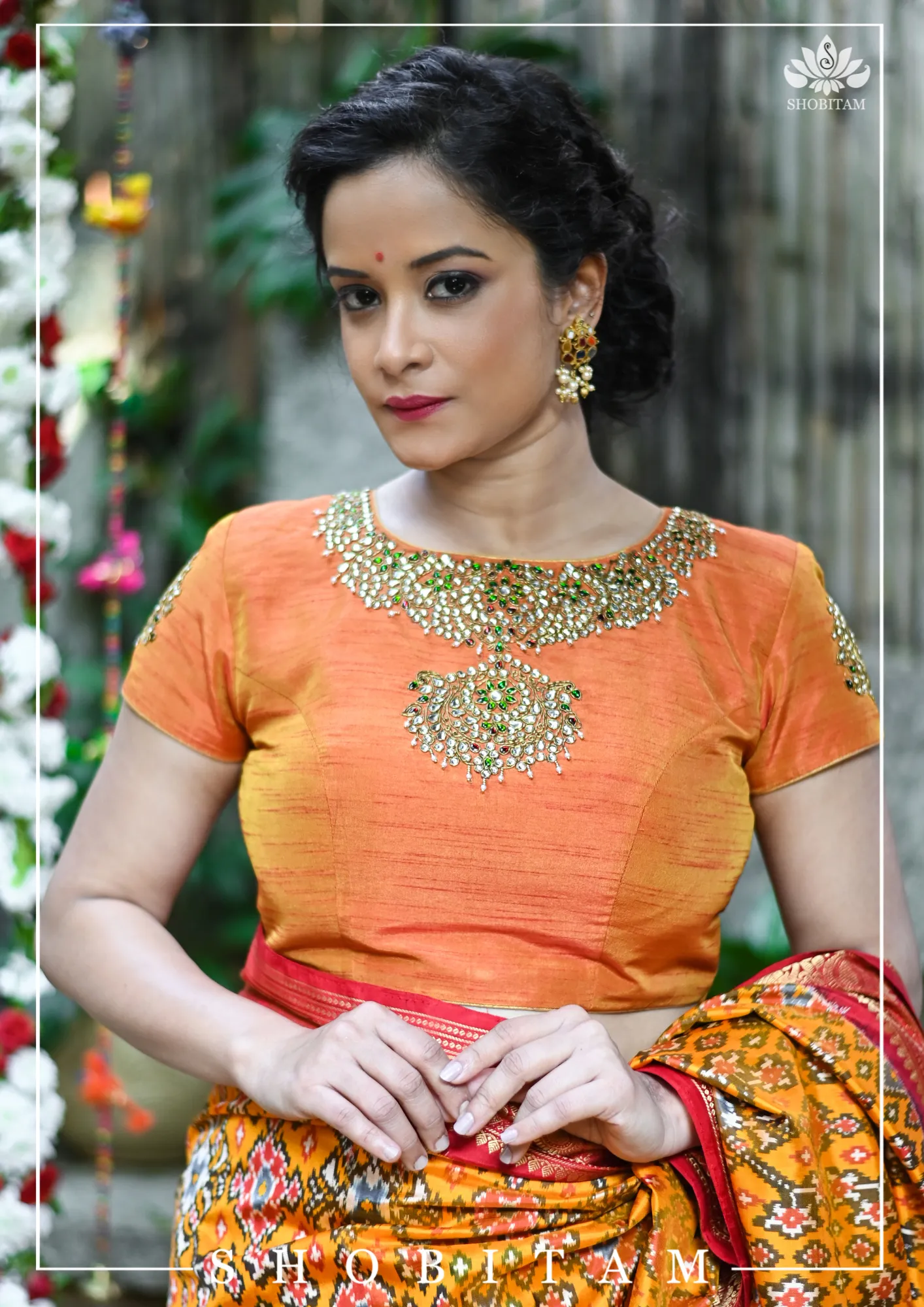 Made to Measure:  Necklace Design Jadau Ornamental  Blouse in Orange Mustard Dual Tone Pure Raw Silk