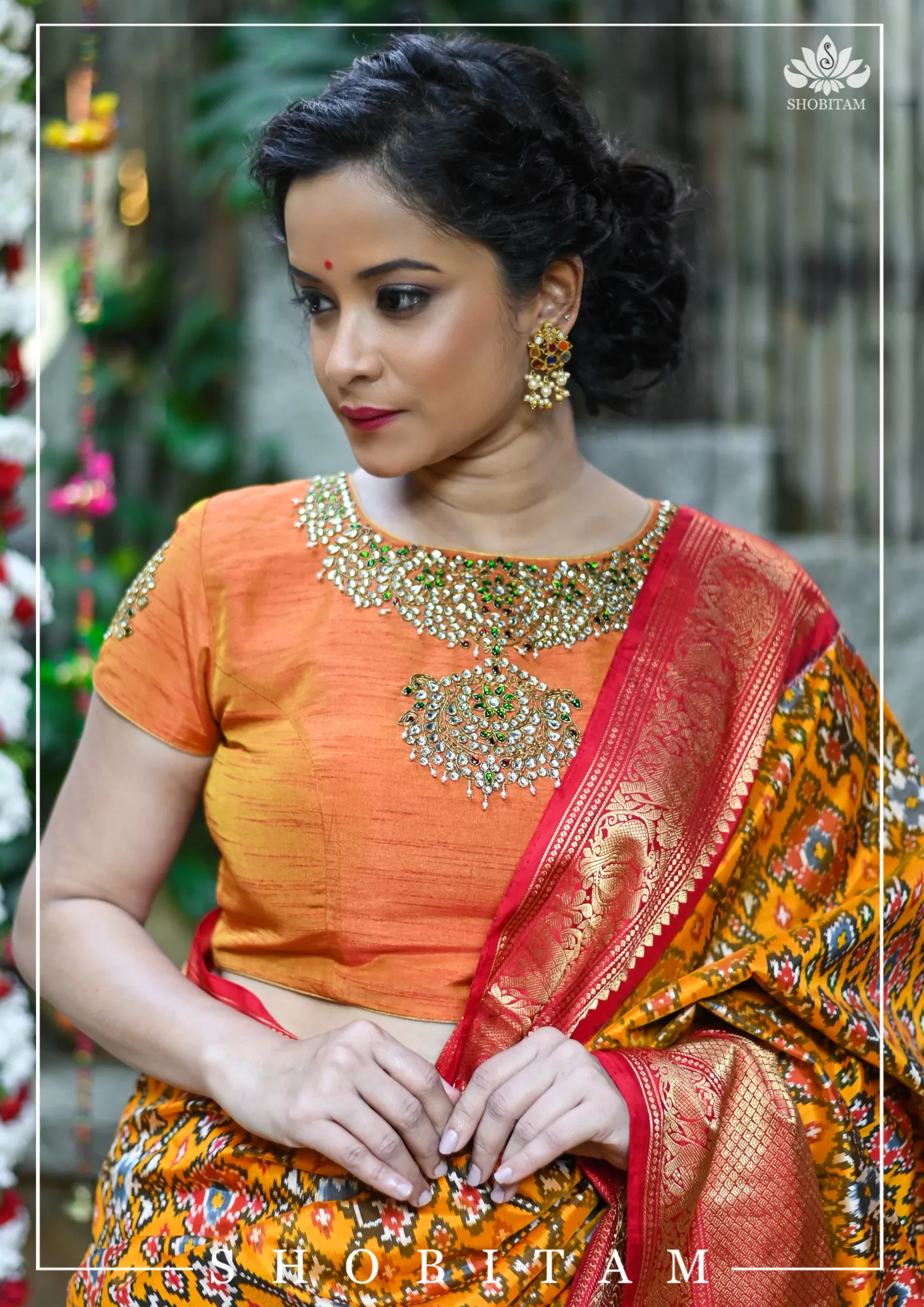 Made to Measure:  Necklace Design Jadau Ornamental  Blouse in Orange Mustard Dual Tone Pure Raw Silk