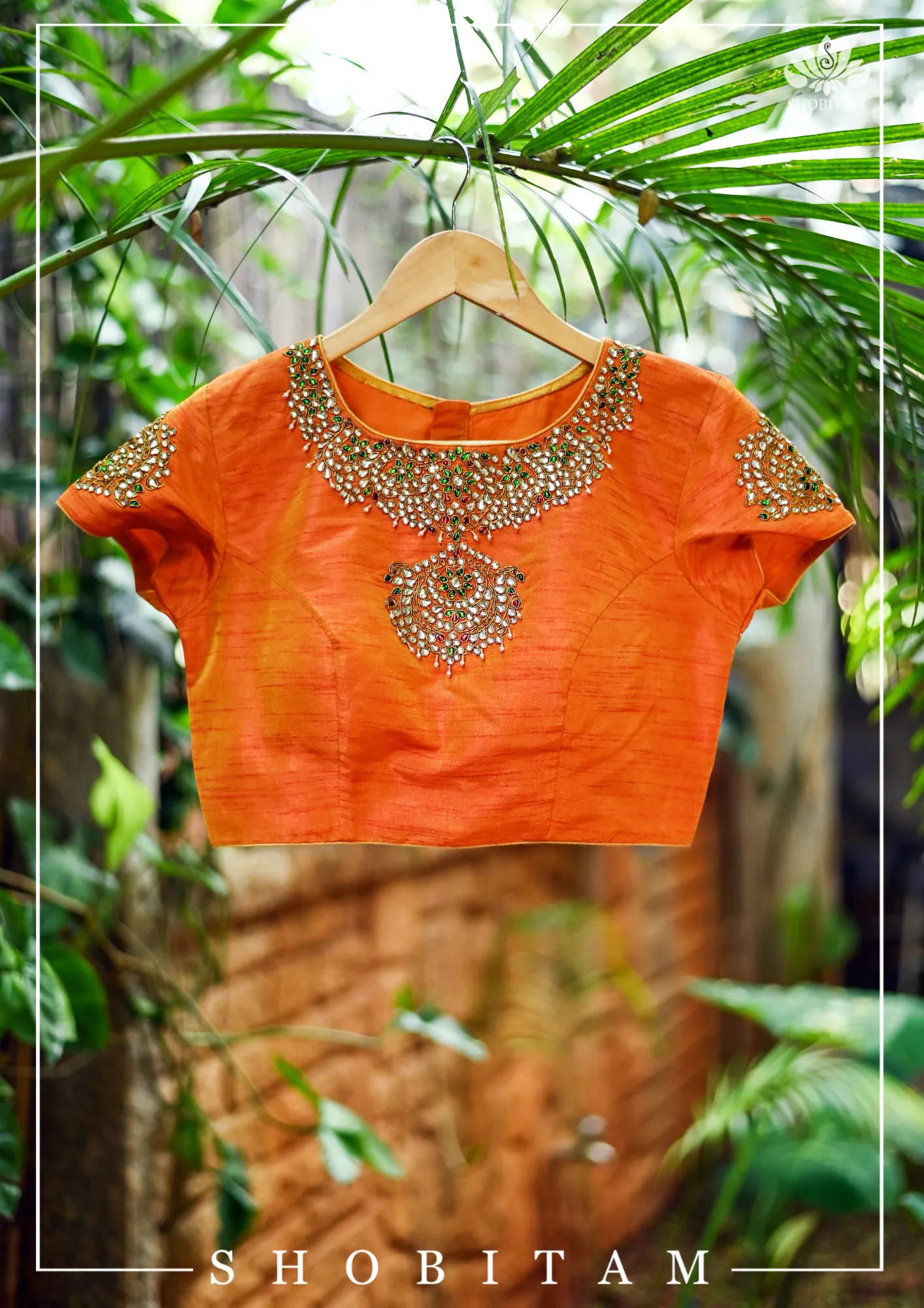 Made to Measure:  Necklace Design Jadau Ornamental  Blouse in Orange Mustard Dual Tone Pure Raw Silk