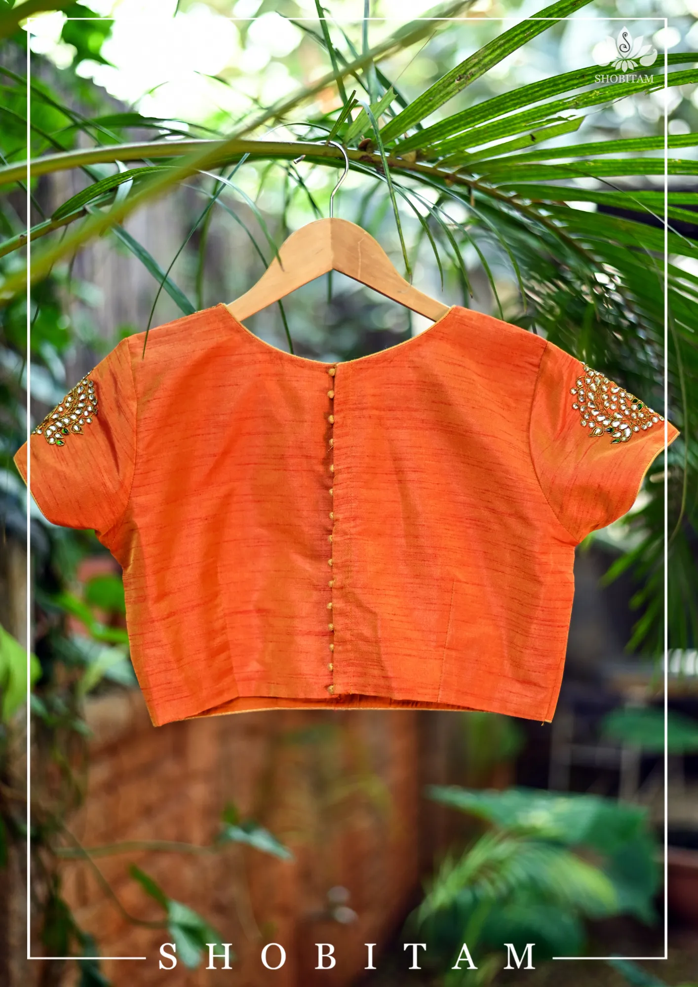 Made to Measure:  Necklace Design Jadau Ornamental  Blouse in Orange Mustard Dual Tone Pure Raw Silk