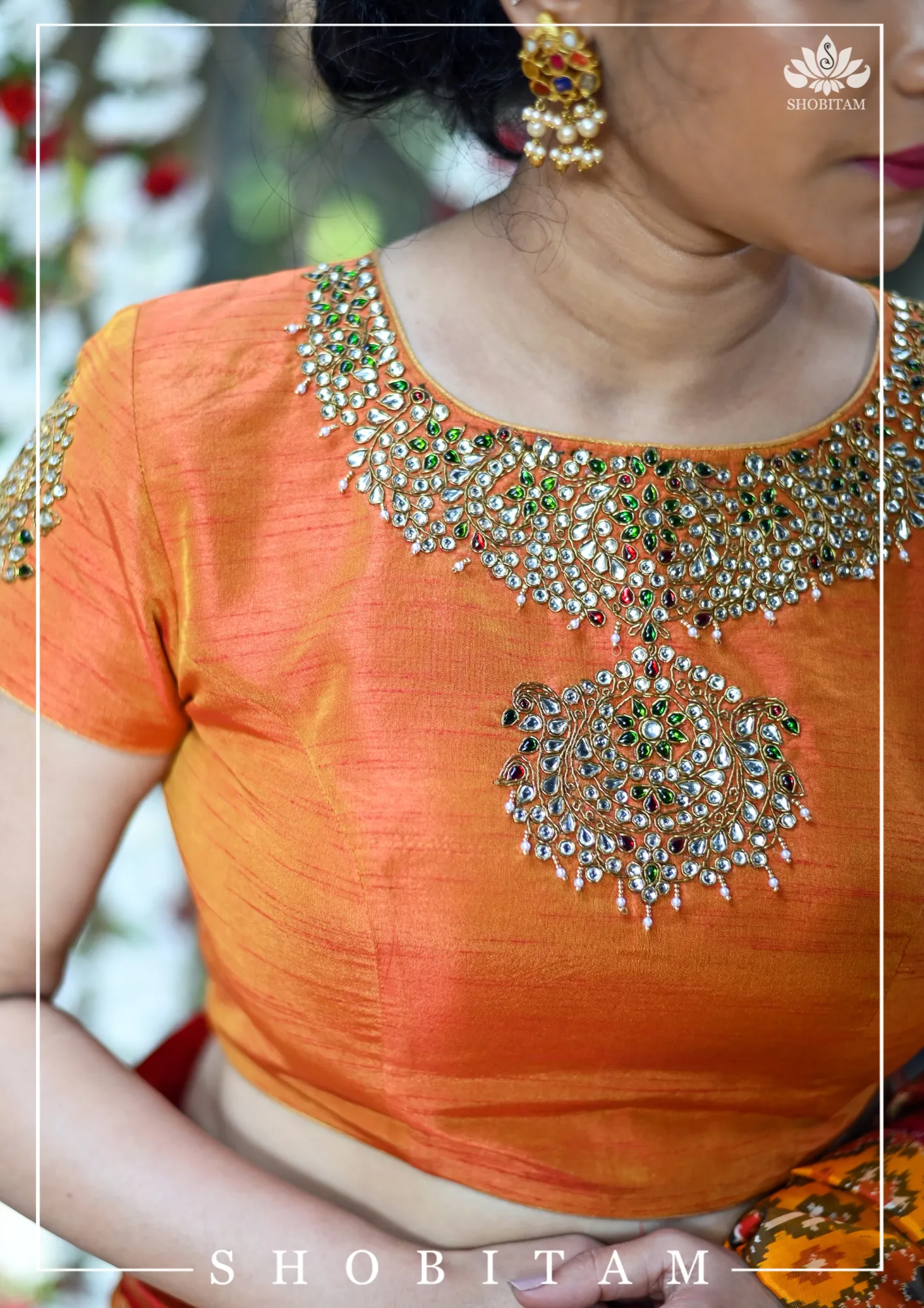Made to Measure:  Necklace Design Jadau Ornamental  Blouse in Orange Mustard Dual Tone Pure Raw Silk
