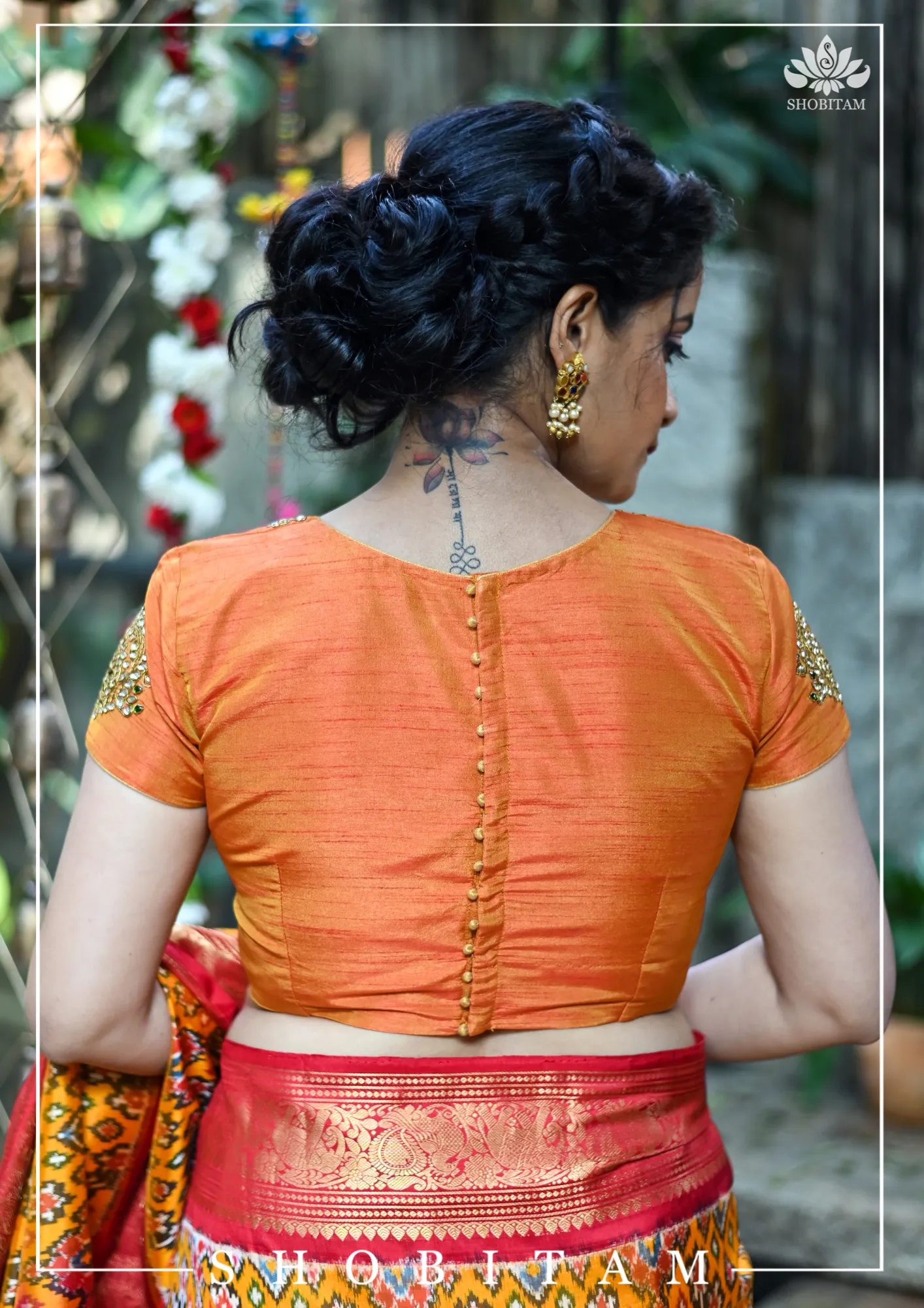 Made to Measure:  Necklace Design Jadau Ornamental  Blouse in Orange Mustard Dual Tone Pure Raw Silk