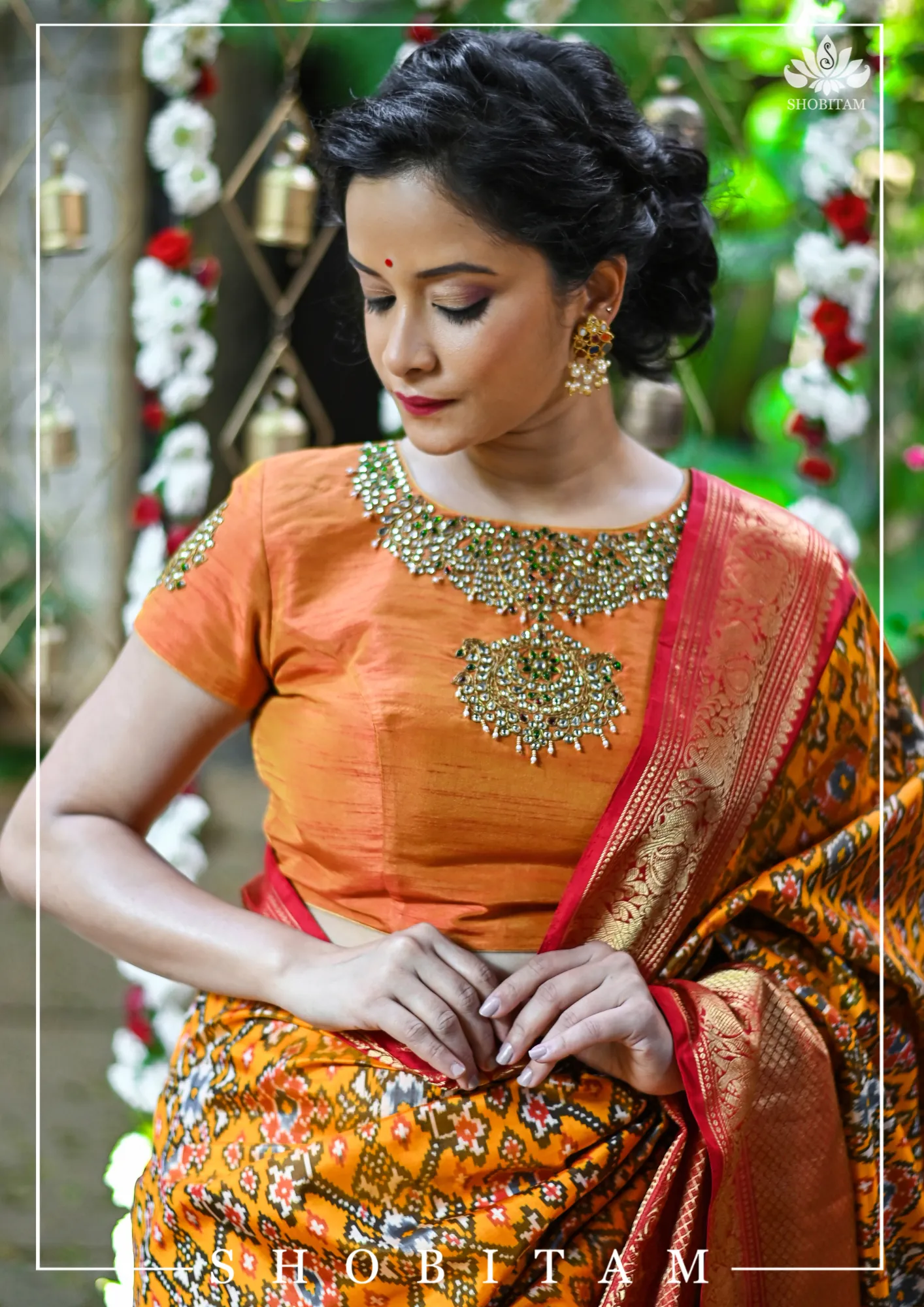 Made to Measure:  Necklace Design Jadau Ornamental  Blouse in Orange Mustard Dual Tone Pure Raw Silk