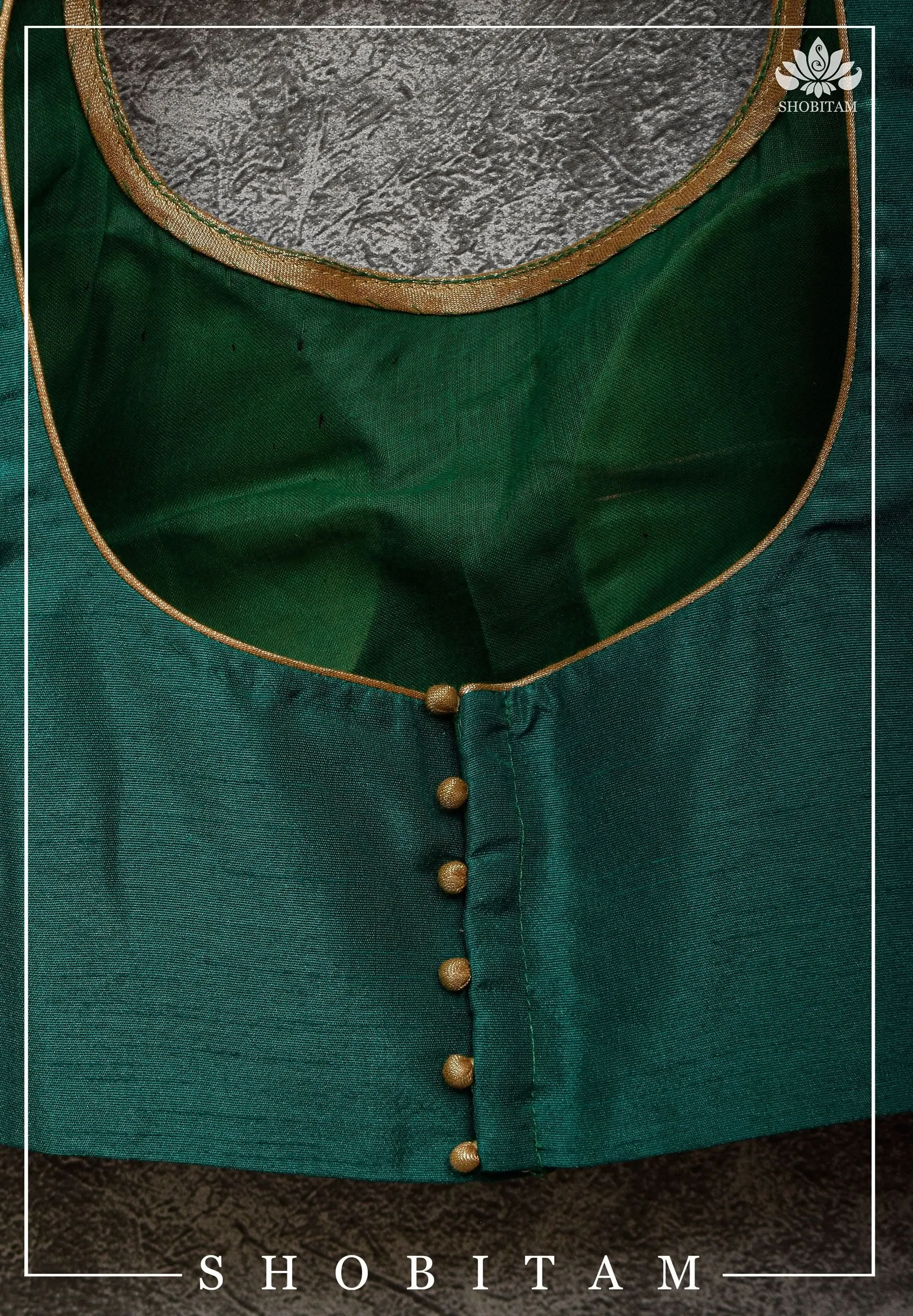 Made to Order:  Necklace Design Jadau Ornamental Sleeveless Blouse in Green Raw SIlk | Shobitam Blouse