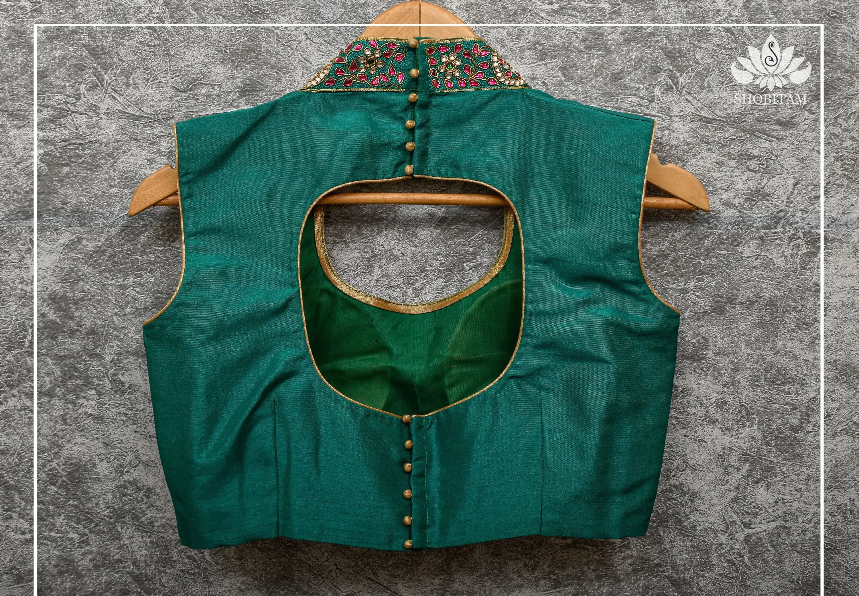 Made to Order:  Necklace Design Jadau Ornamental Sleeveless Blouse in Green Raw SIlk | Shobitam Blouse