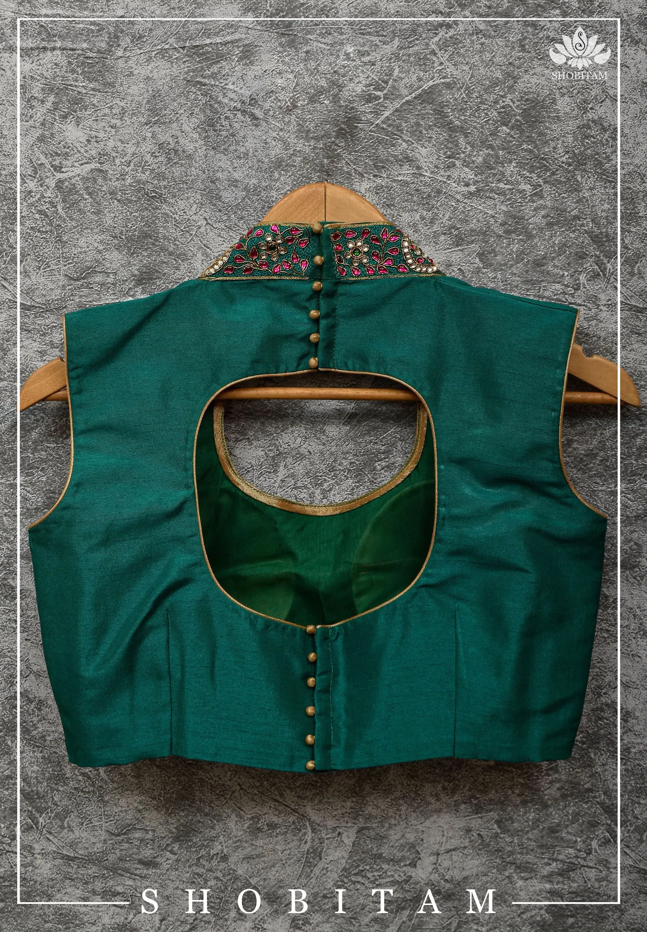 Made to Order:  Necklace Design Jadau Ornamental Sleeveless Blouse in Green Raw SIlk | Shobitam Blouse