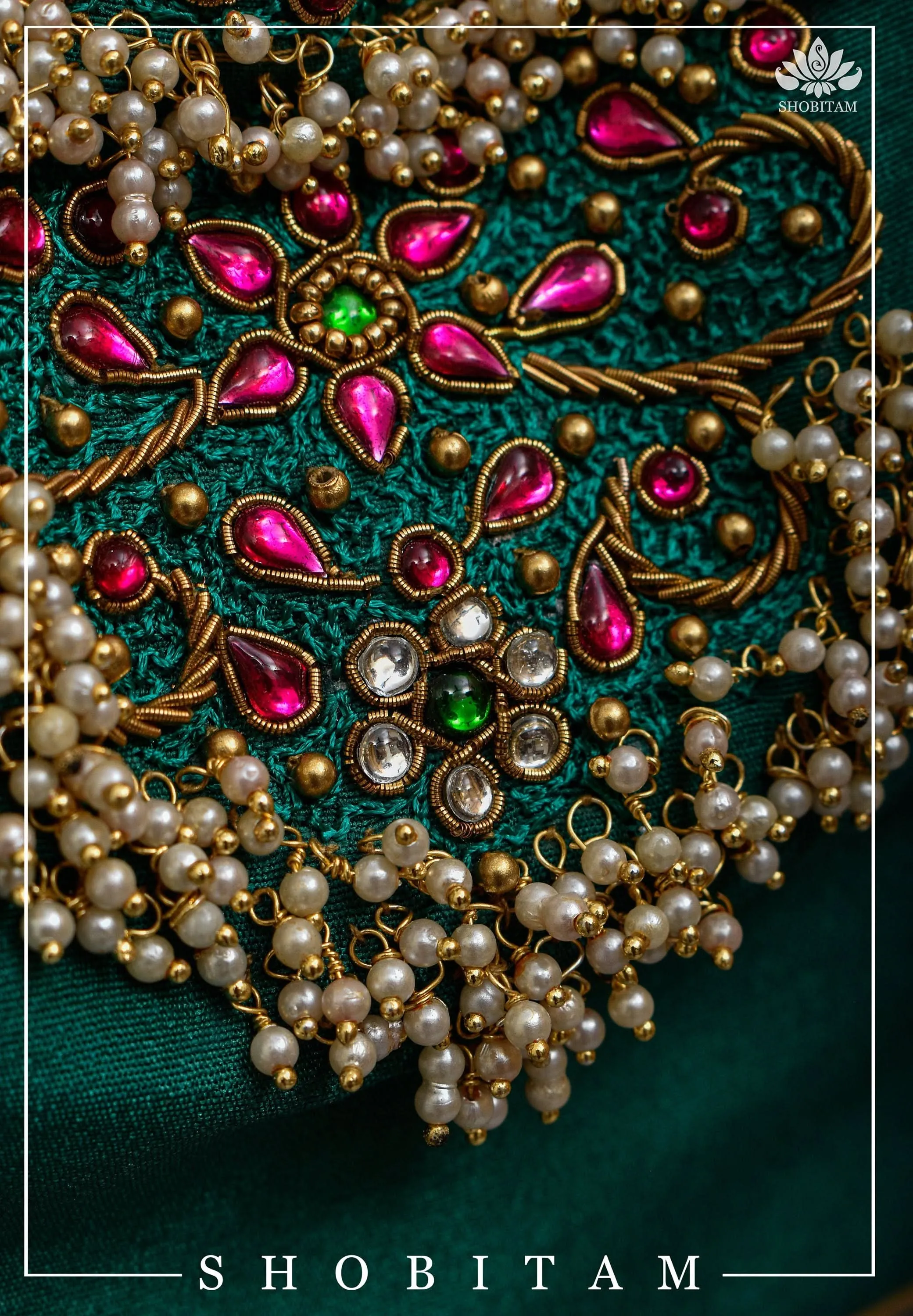 Made to Order:  Necklace Design Jadau Ornamental Sleeveless Blouse in Green Raw SIlk | Shobitam Blouse