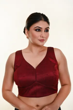 Maroon blouse in Raw Silk Leaf Shaped Neckline and Back Cut out