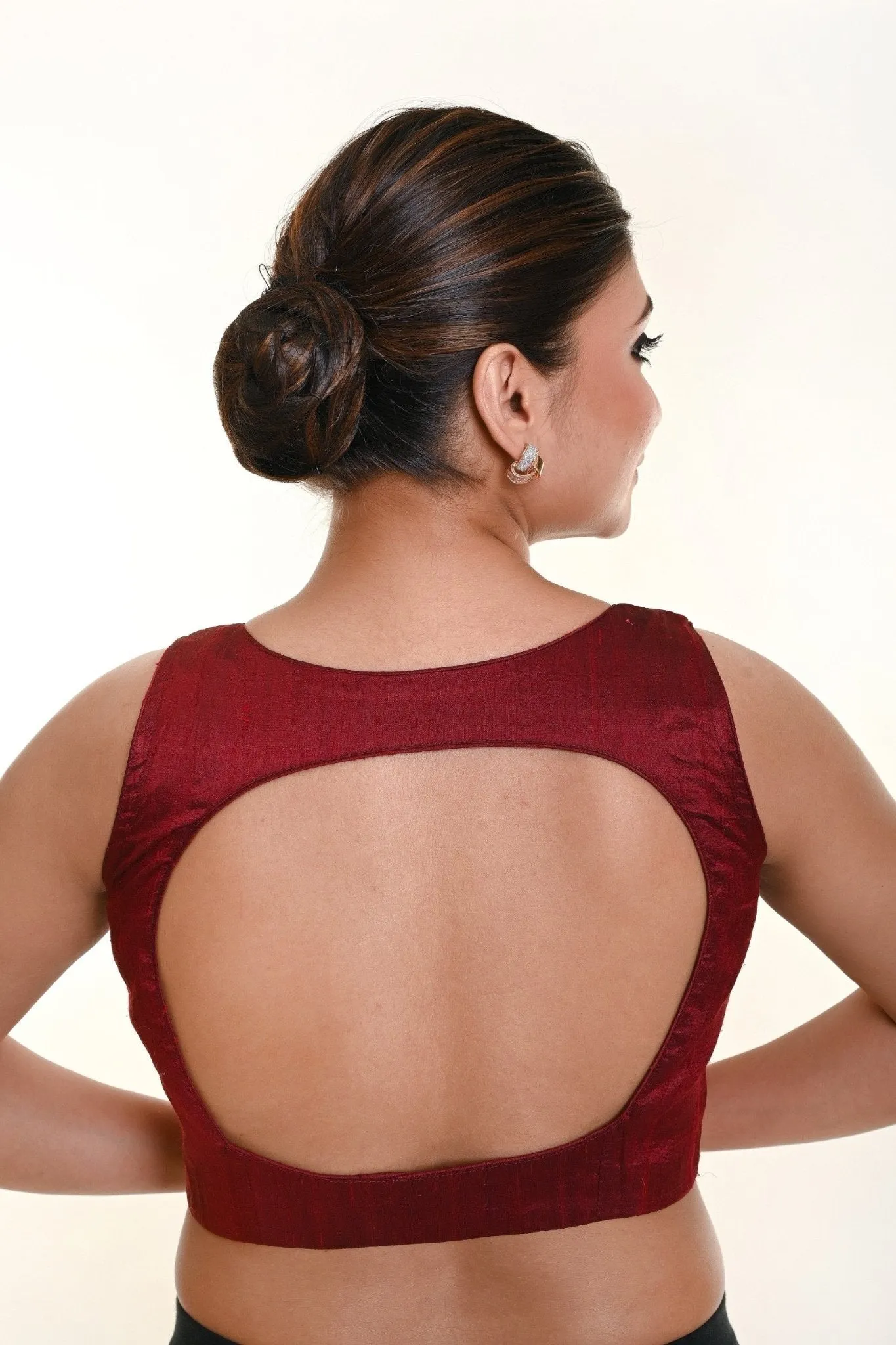 Maroon blouse in Raw Silk Leaf Shaped Neckline and Back Cut out