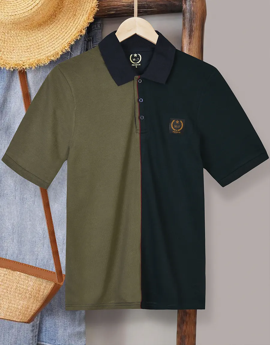 Men Short Sleeve Cotton Polo Shirt - Olive/Navy