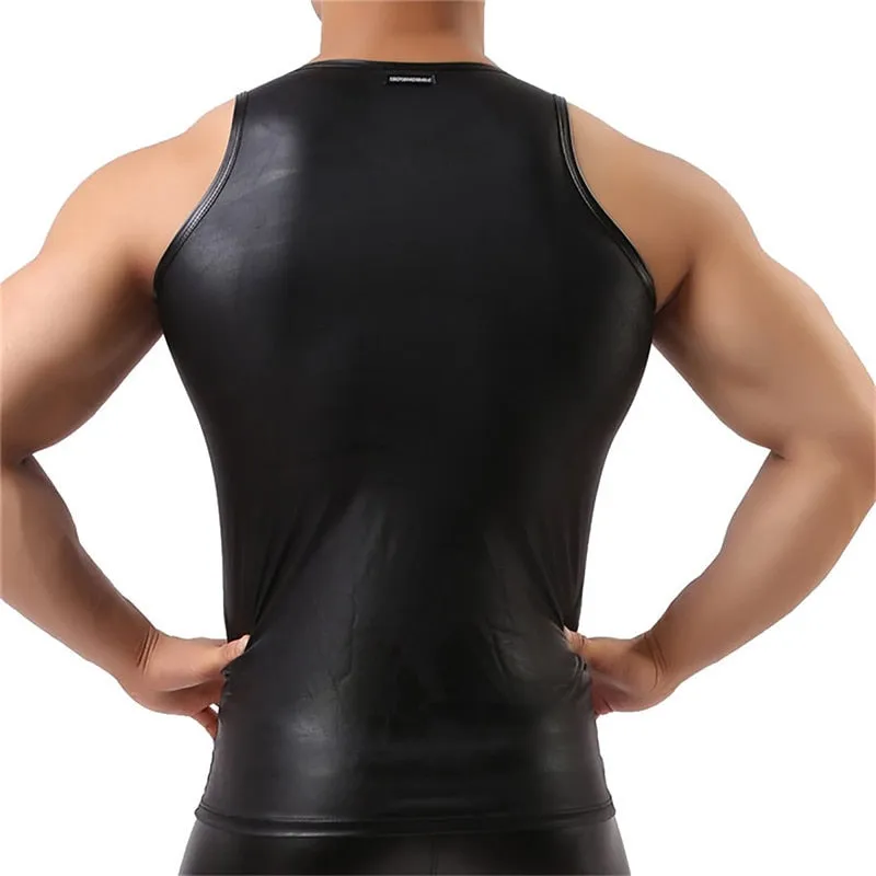 Men's Black PU Leather Tank Tops