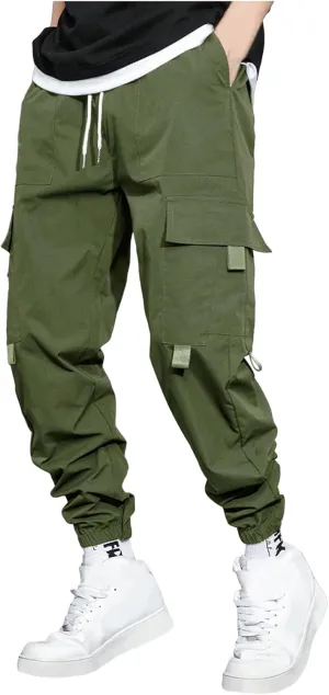Men's Casual Work Pants with Drawstring Multi-Pocket Casual Straight Fit Pants