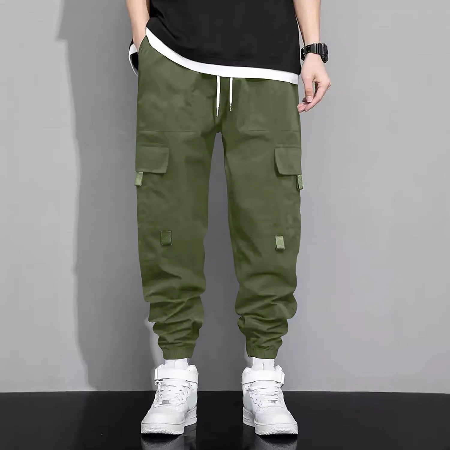 Men's Casual Work Pants with Drawstring Multi-Pocket Casual Straight Fit Pants