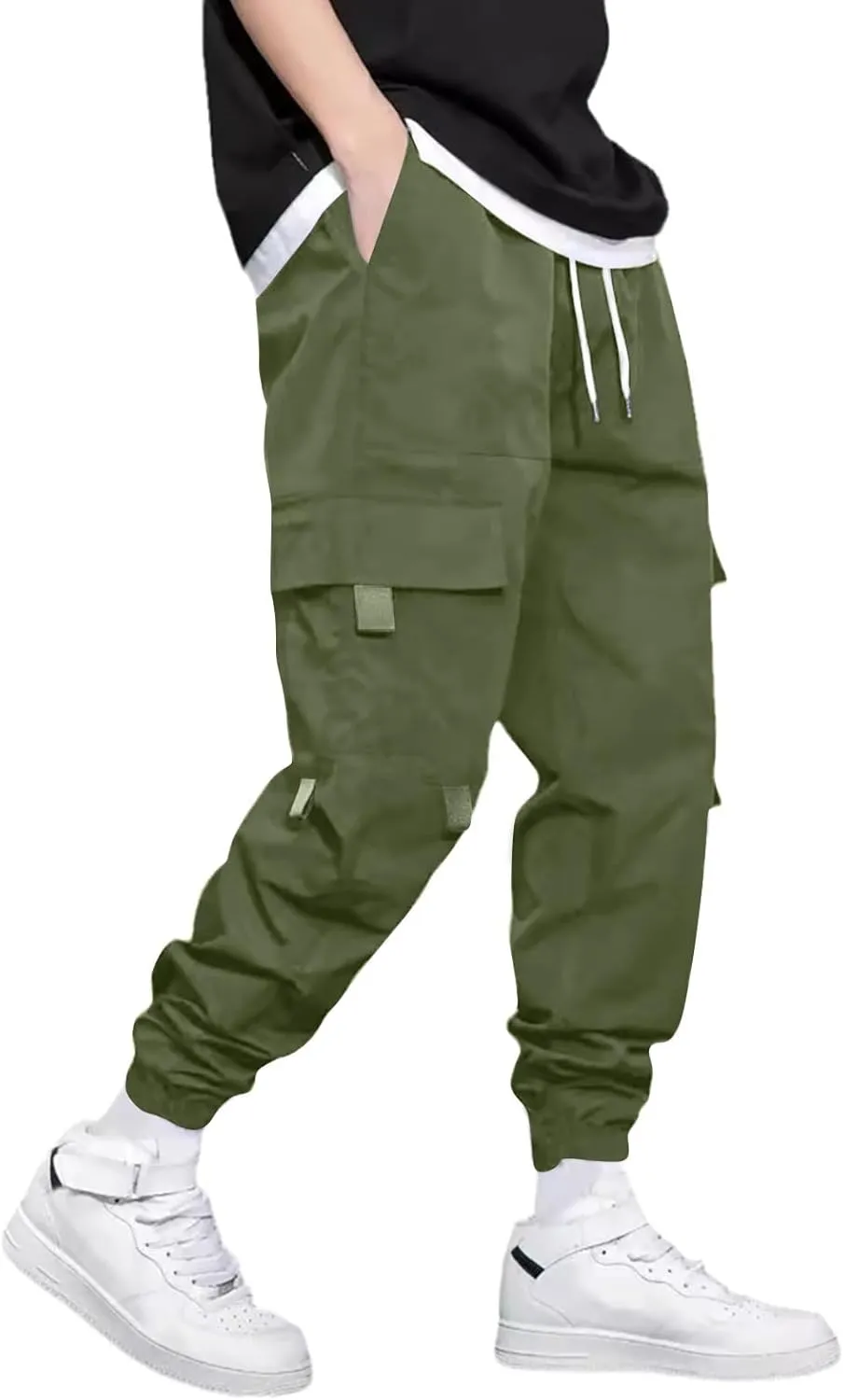 Men's Casual Work Pants with Drawstring Multi-Pocket Casual Straight Fit Pants