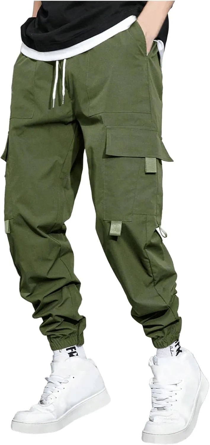 Men's Casual Work Pants with Drawstring Multi-Pocket Casual Straight Fit Pants